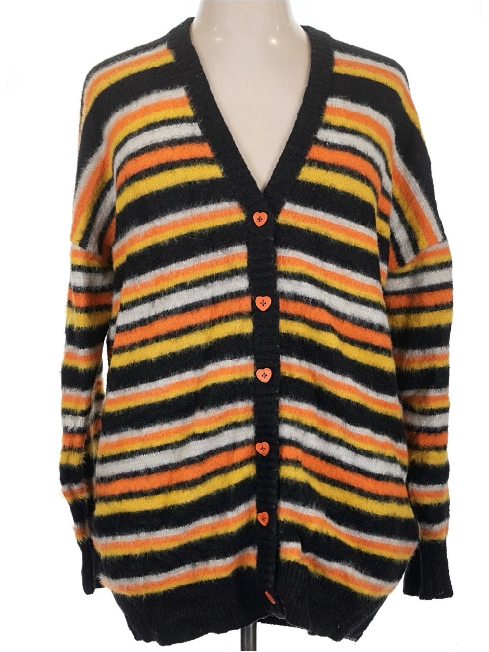 Striped V-Neck Button Cardigan Sweater - Black with Yellow, Orange, White